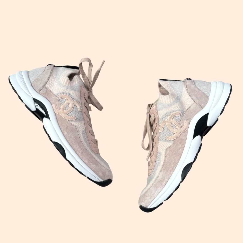 Chanel Knit Fabric Suede CC Sneakers Pink